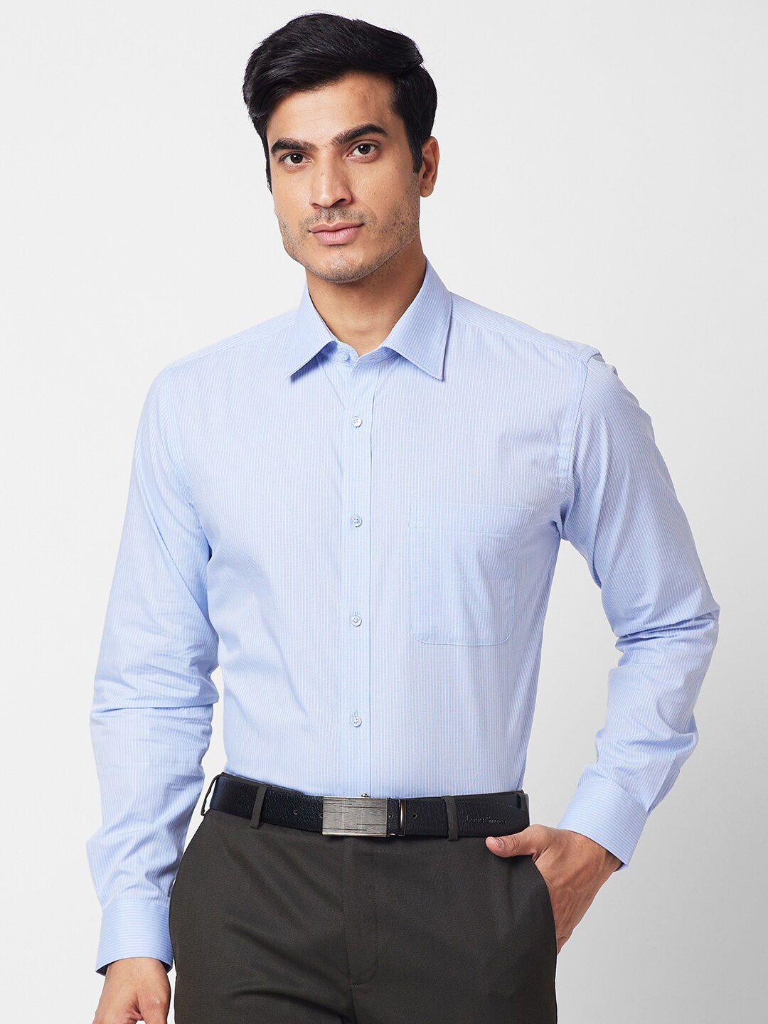 

Raymond Striped Spread Collar Long Sleeves Pure Cotton Shirts, Blue