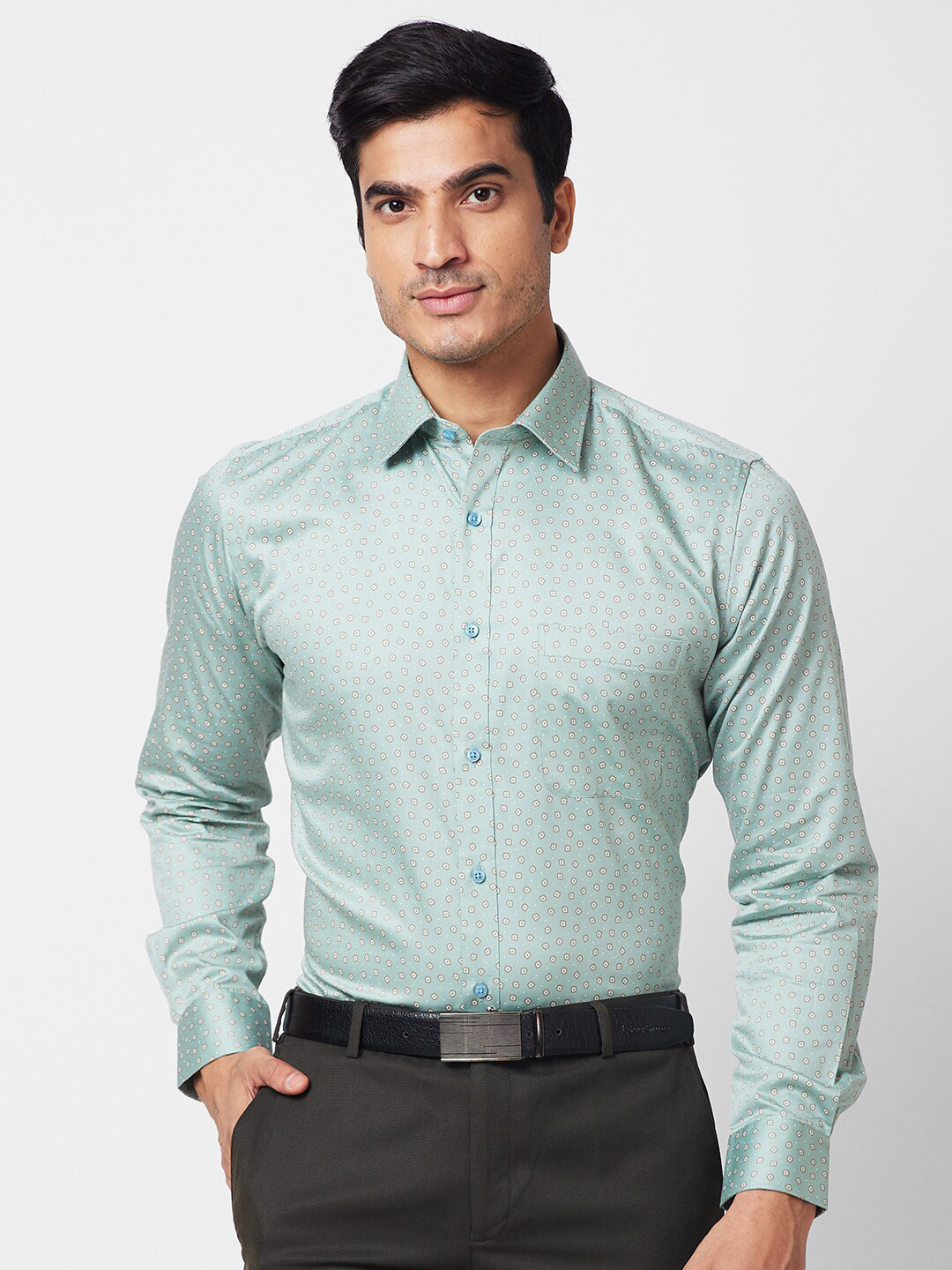 

Raymond Spread Collar Long Sleeves Men Checked Cotton Formal Shirts, Blue