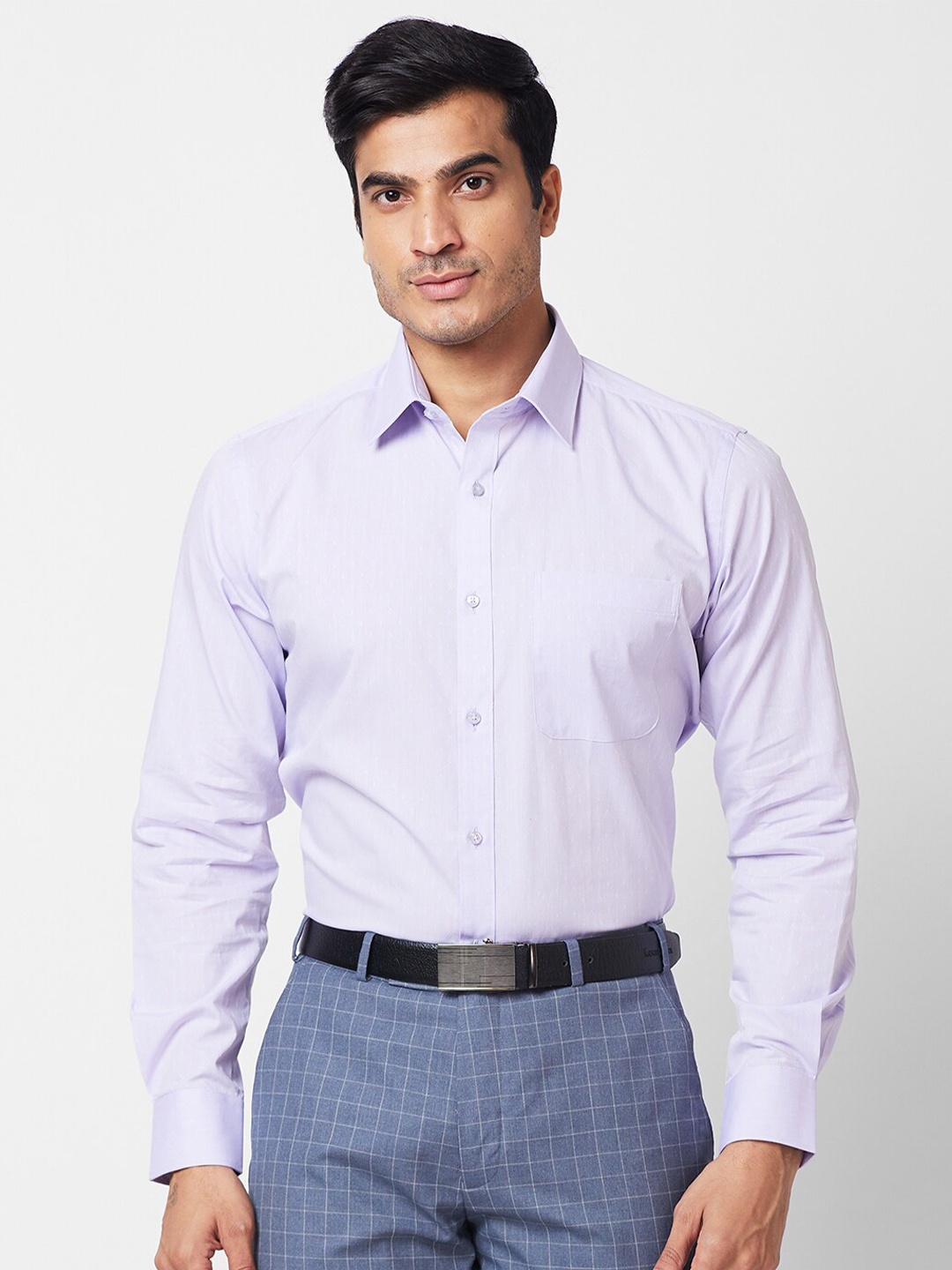 

Raymond Slim Fit Self Design Printed Cutaway Collar Pure Cotton Formal Shirt, Blue