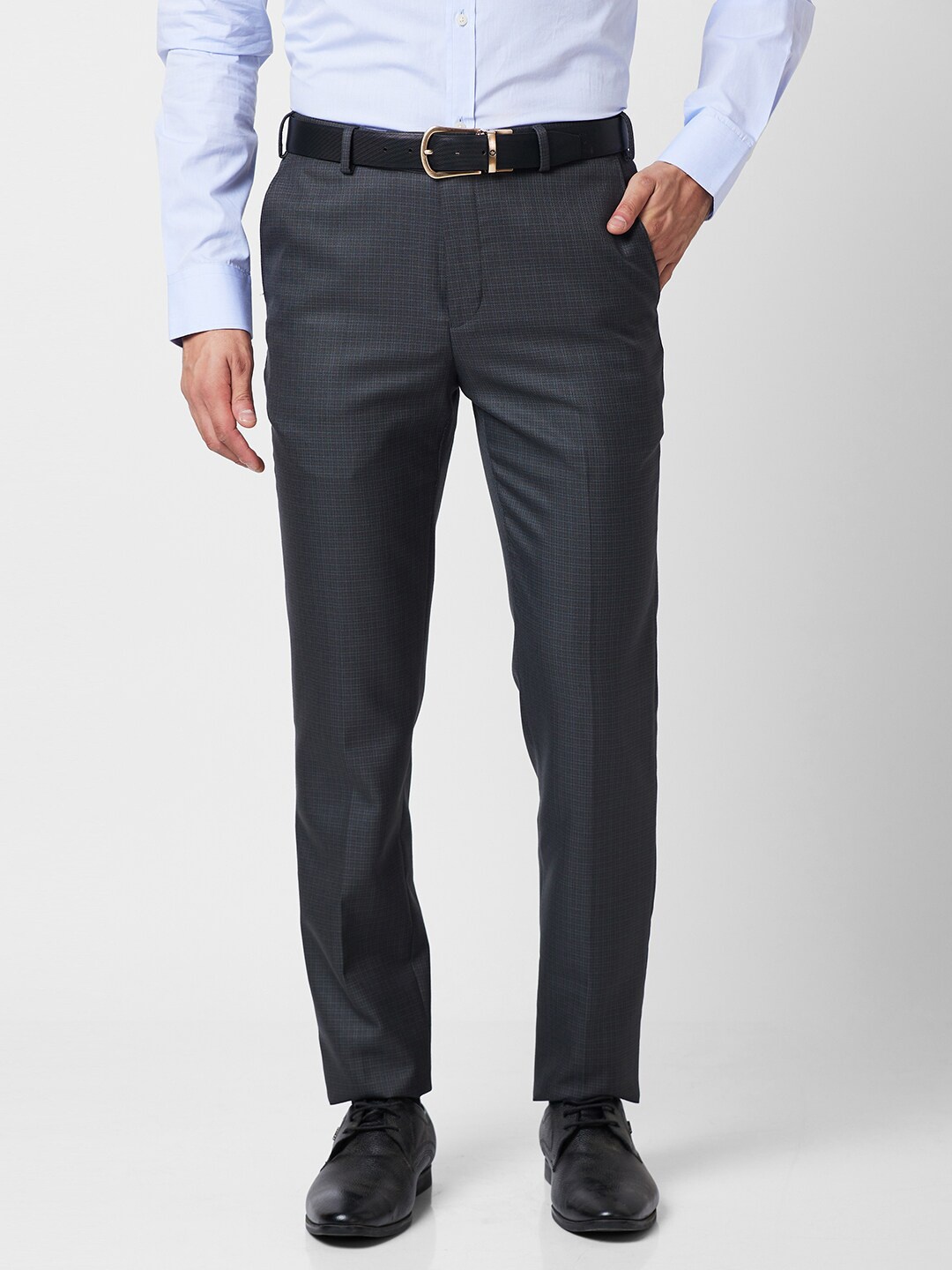 

Raymond Men Checked Slim-Fit Formal Trousers, Grey