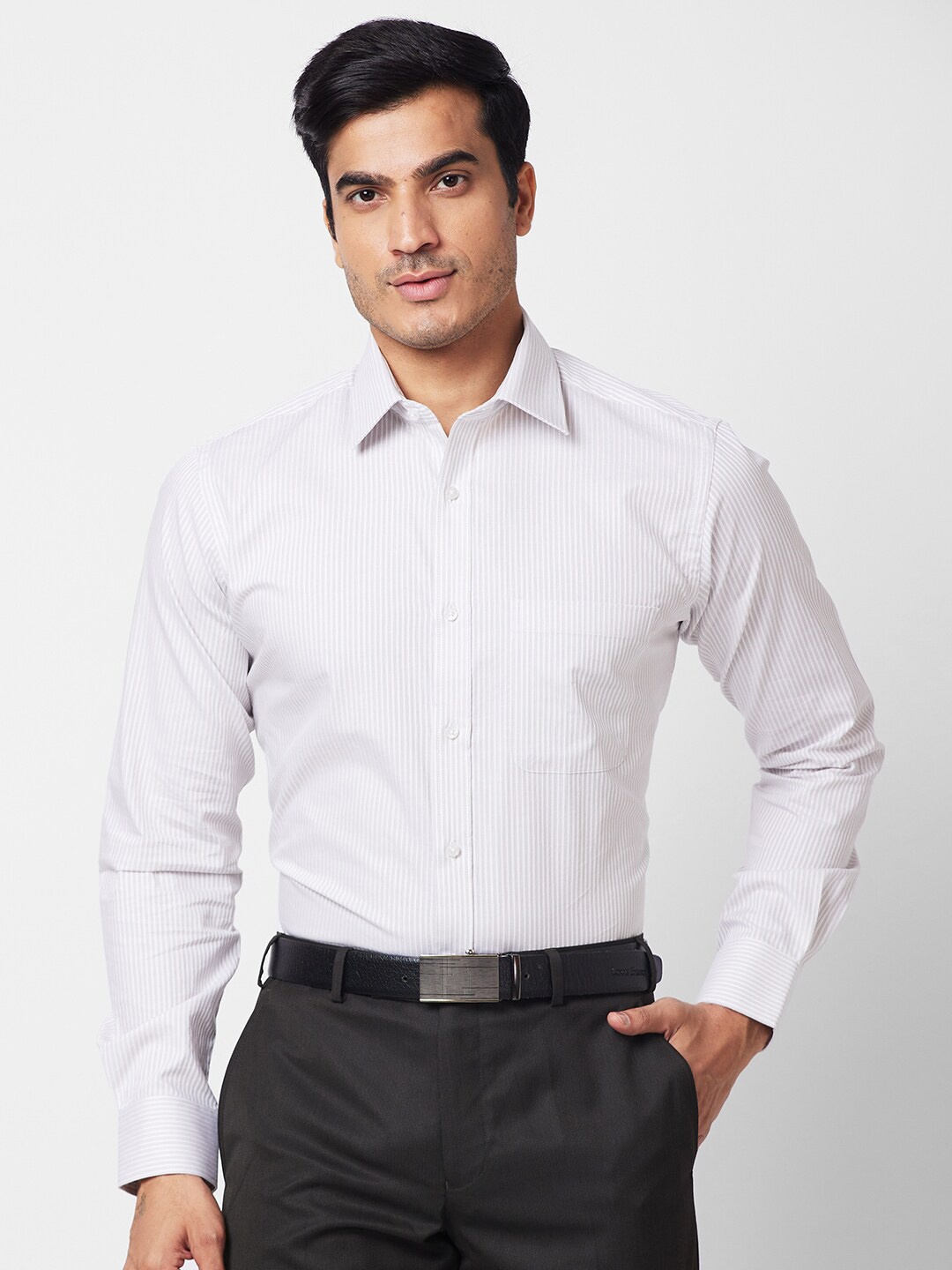 

Raymond Spread Collar Long Sleeves Striped Slim-Fit Pure-Cotton Formal Shirts, Grey