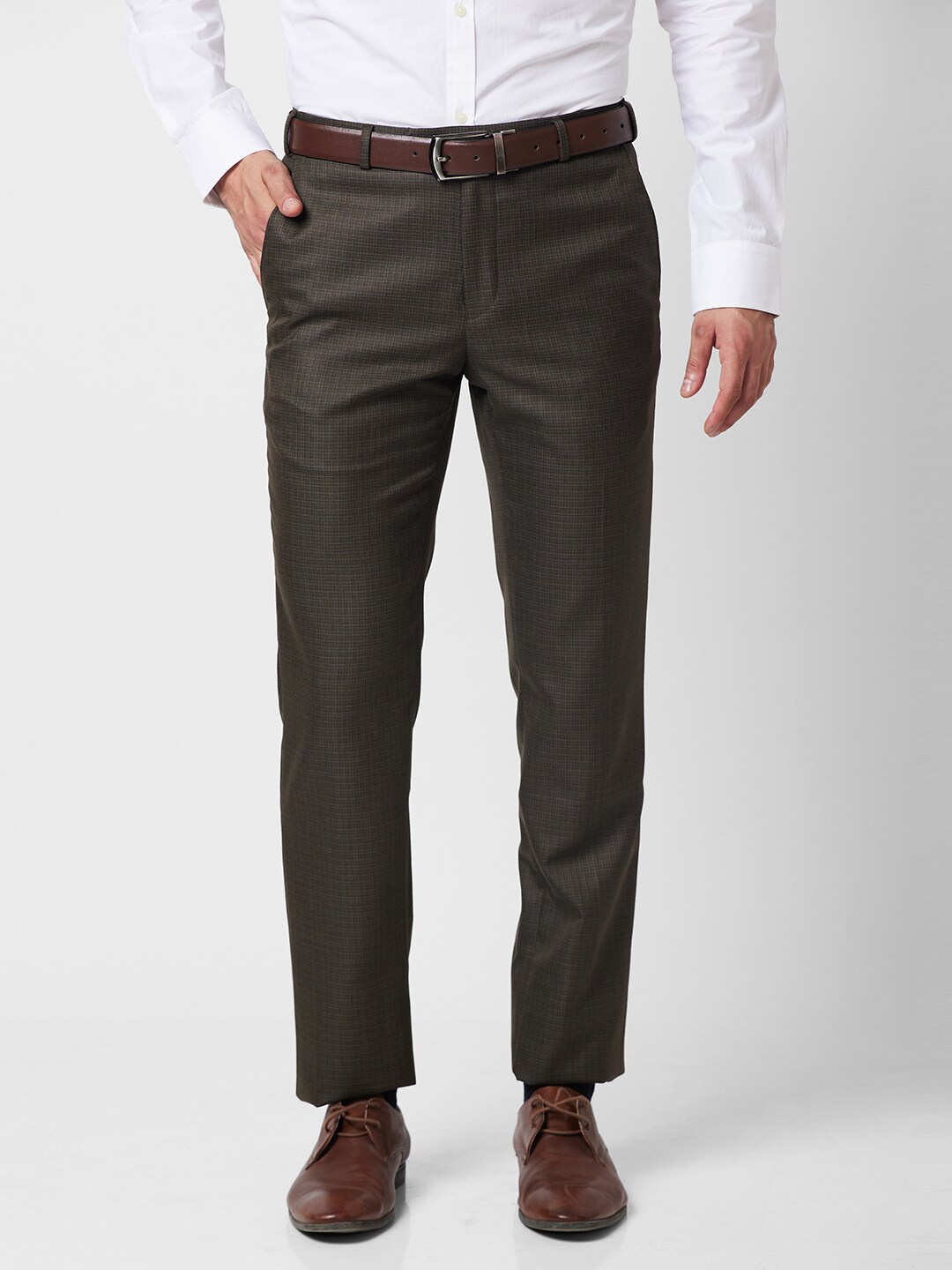 

Raymond Checked Slim Fit Trousers, Brown