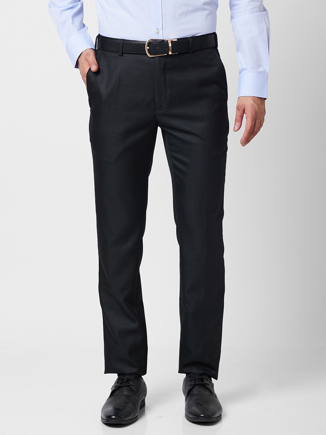 

Raymond Men Striped Mid-Rise Slim-Fit Formal Trousers, Black