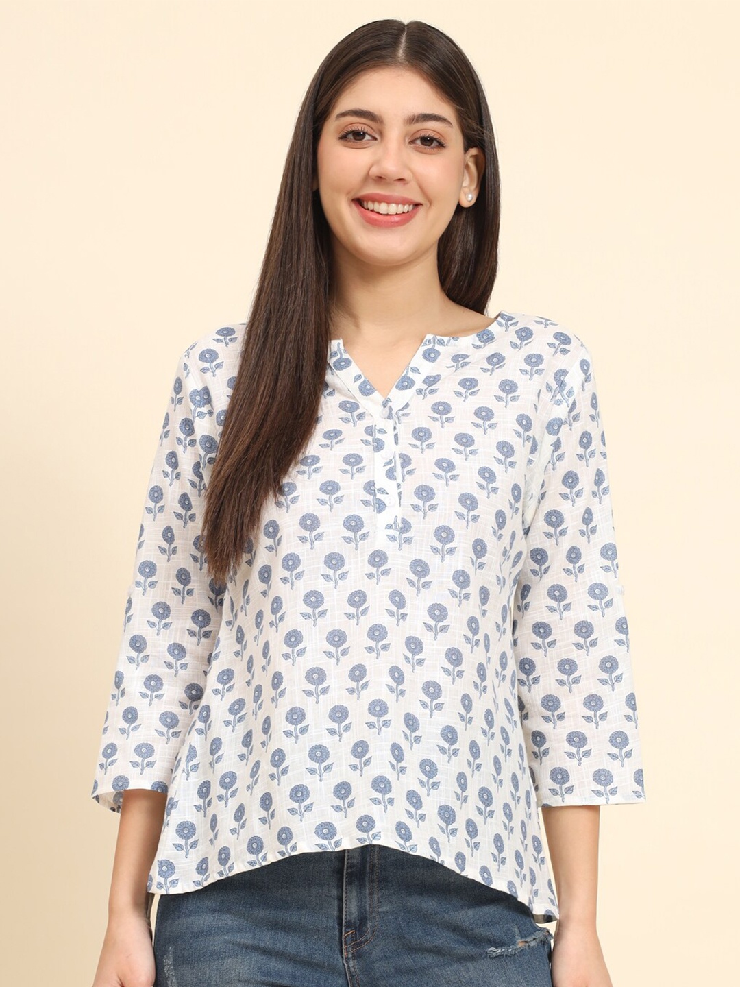 

HERE&NOW White Ethnic Motifs Printed Cotton Top