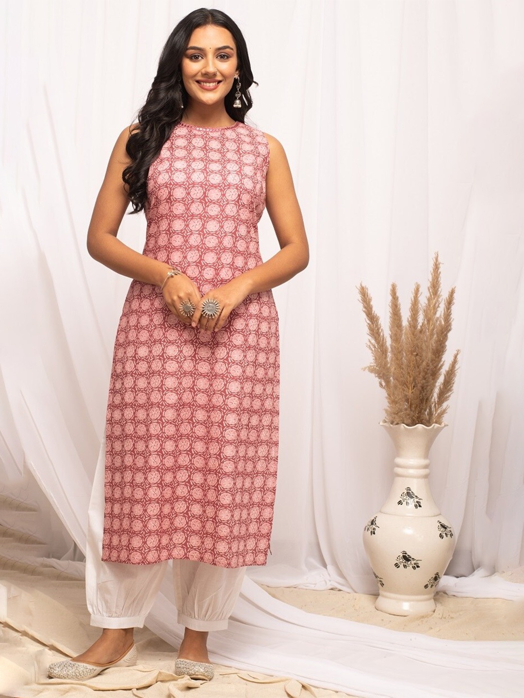 FIORRA Floral Printed Pure Cotton Straight Kurta, Pink