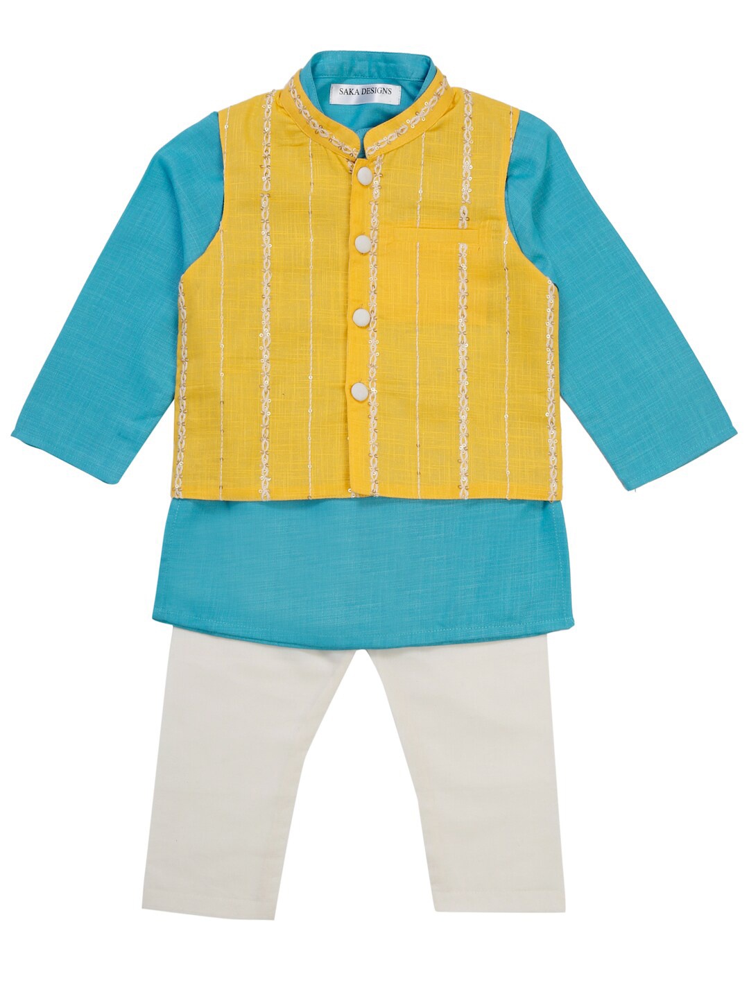 

SAKA DESIGNS Boys Embroidered Mandarin Collar Pure Cotton Kurta With Pyjama & Nehru jacket, Blue