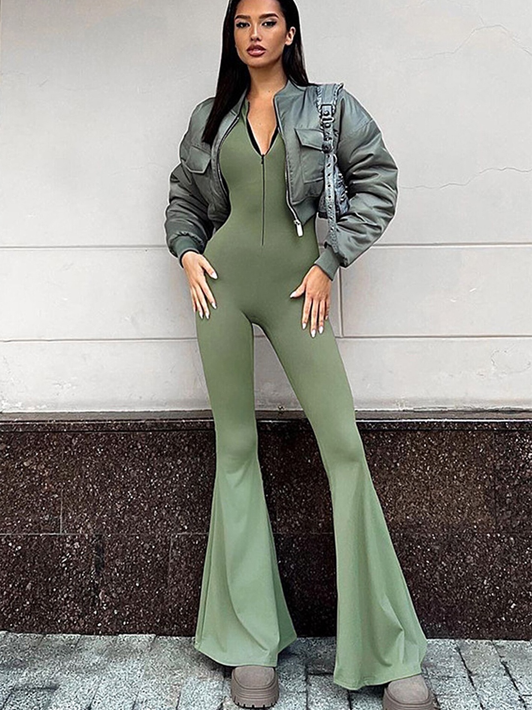 

LULU & SKY Round Neck Long Sleeves Basic Jumpsuit, Green