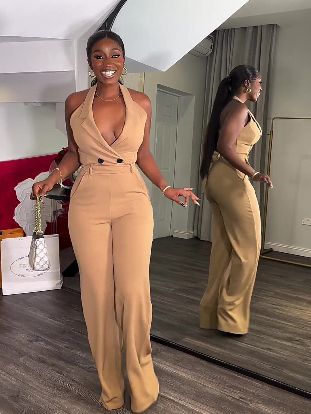 

LULU & SKY Sleeveless Halter Wide Legged Jumpsuit, Khaki