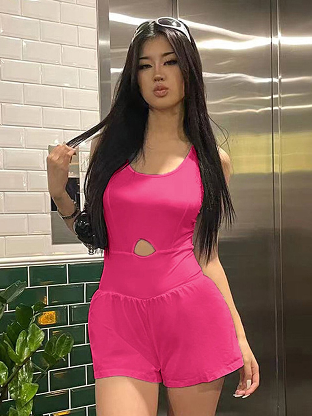 

LULU & SKY Criss-Cross Round Neck Cut-Out Playsuit, Fuchsia