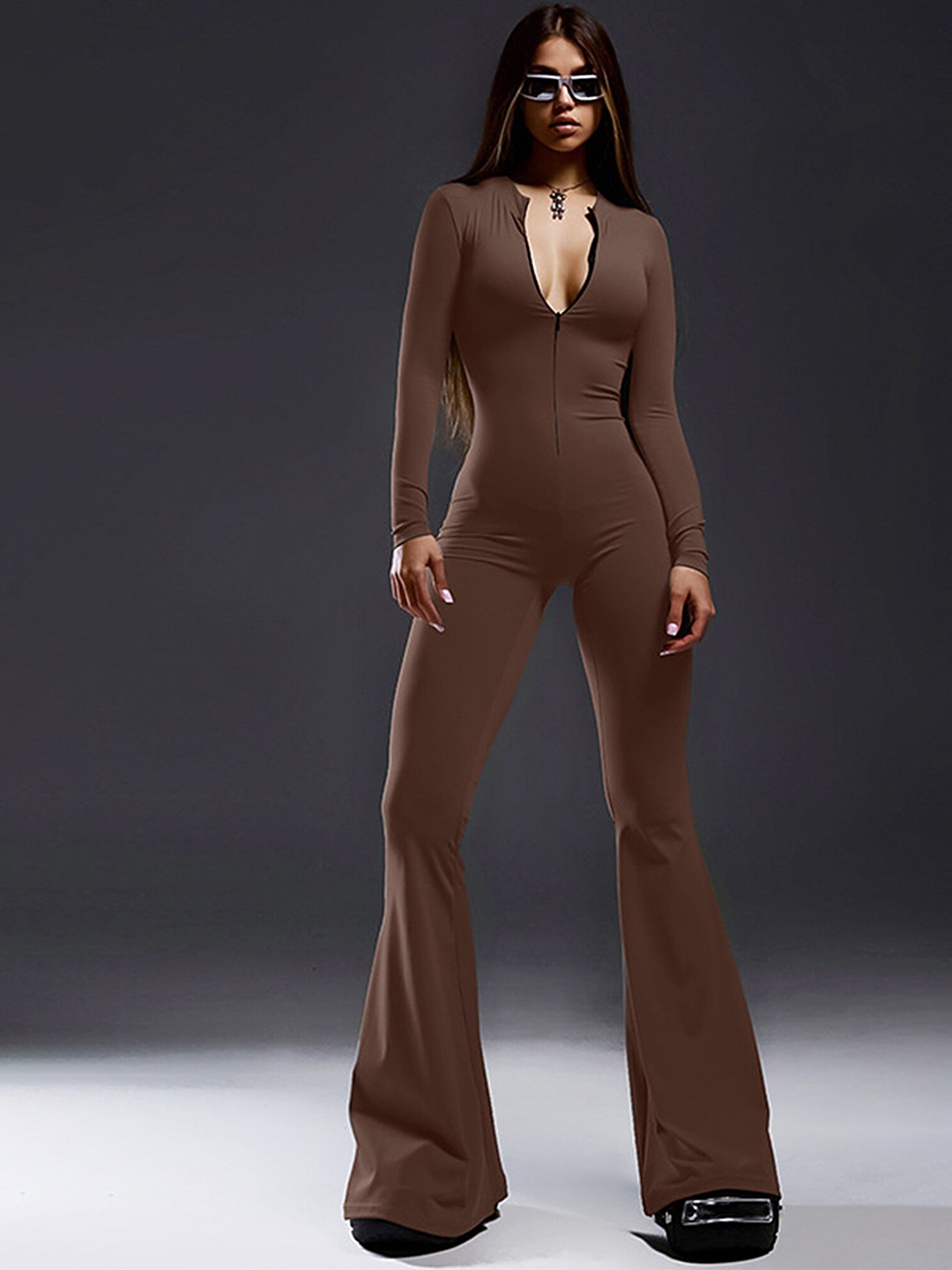 

LULU & SKY Stand Collar Front-Zip Basic Jumpsuit, Brown
