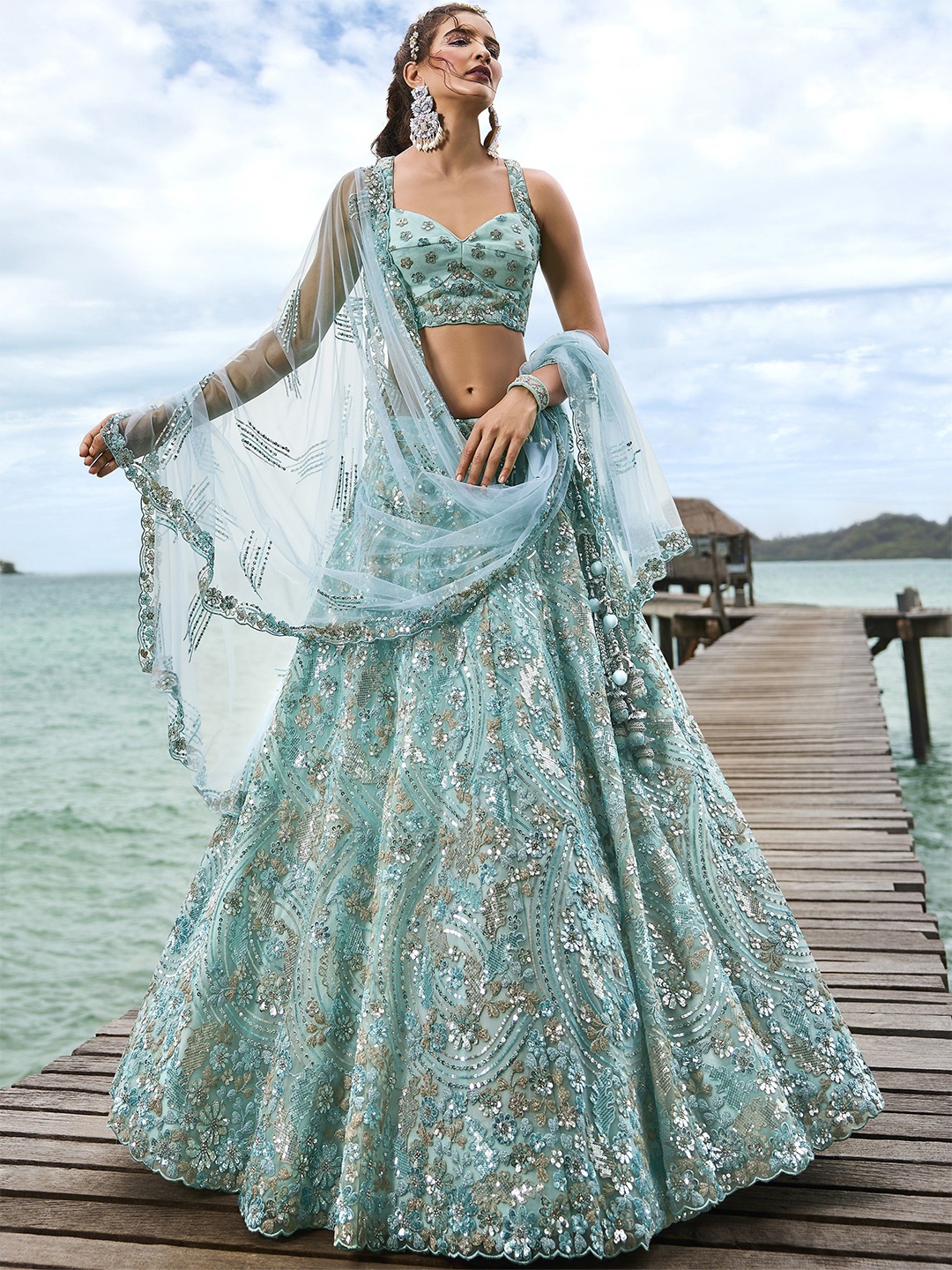 

panchhi Embroidered Sequinned Semi-Stitched Lehenga & Unstitched Blouse With Dupatta, Turquoise blue