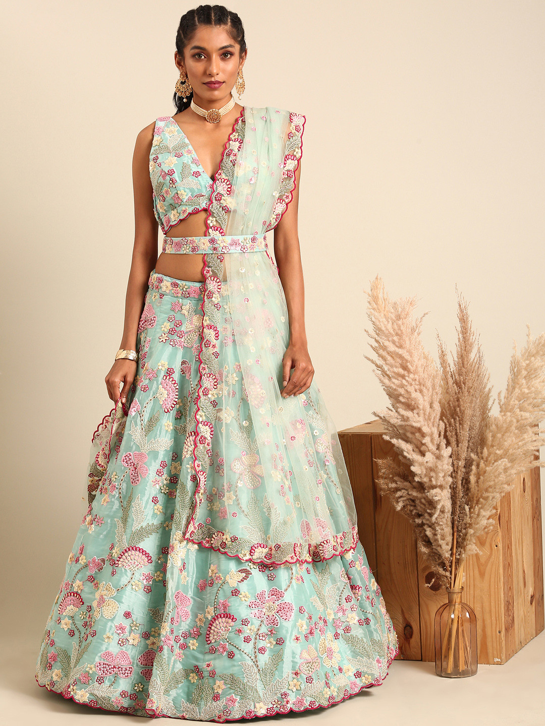 

panchhi Embroidered Sequinned Semi-Stitched Lehenga & Unstitched Blouse With Dupatta, Turquoise blue
