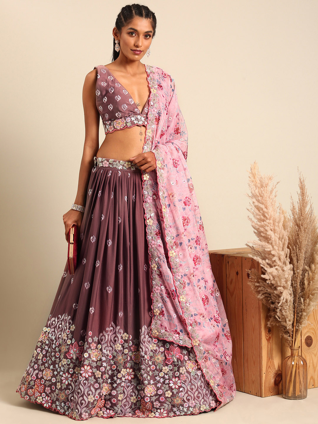 

panchhi Embroidered Sequinned Semi-Stitched Lehenga & Unstitched Blouse With Dupatta, Rose gold