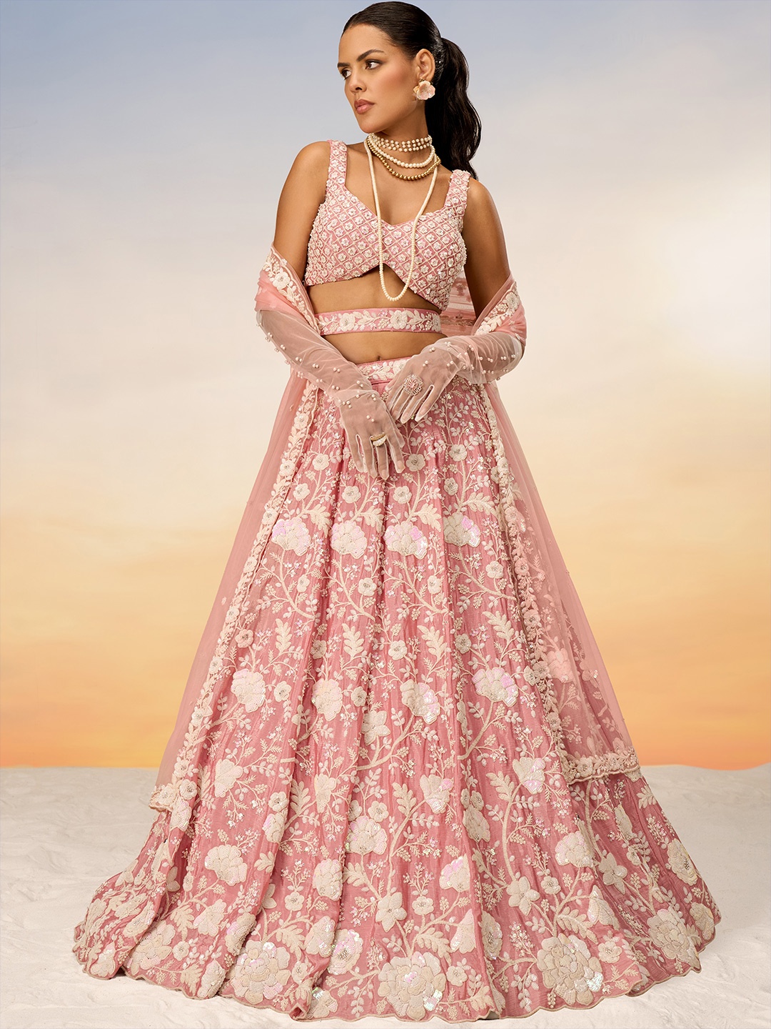 

panchhi Embroidered Sequinned Semi-Stitched Lehenga & Unstitched Blouse With Dupatta, Rose gold