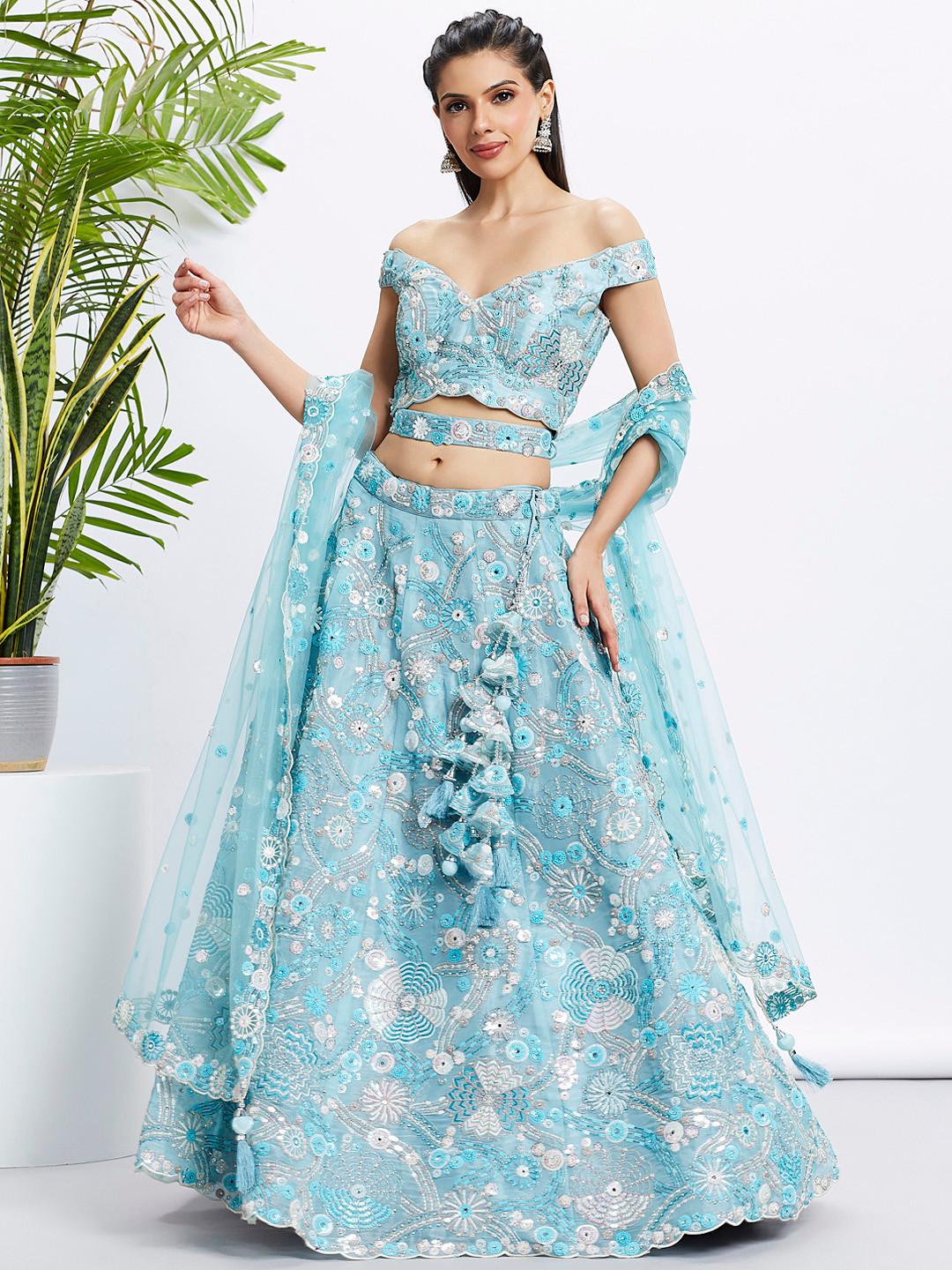 

panchhi Embroidered Sequinned Semi-Stitched Lehenga & Unstitched Blouse With Dupatta, Blue