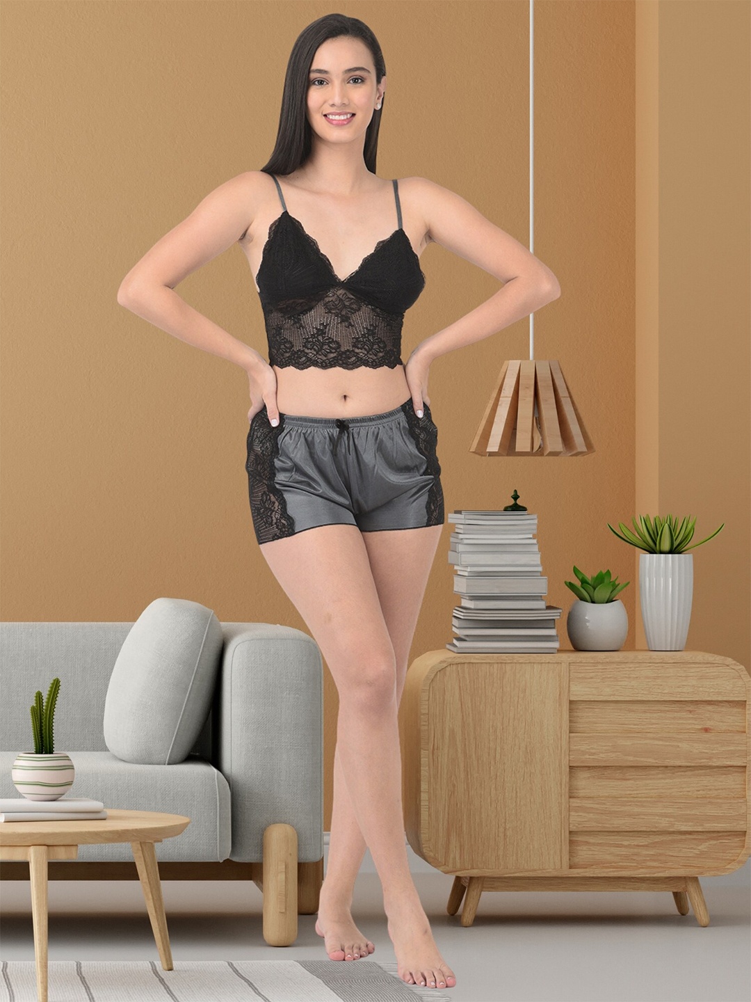 

Noty Sleeveless Laced Satin Top & Shorts Night Suit, Grey