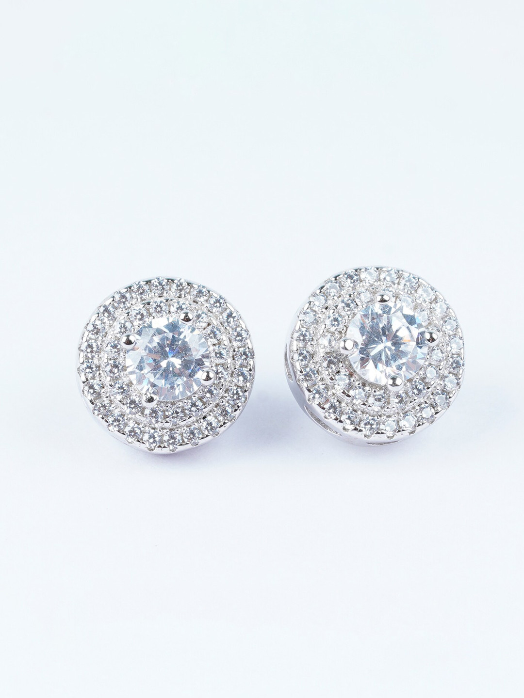 

925 SILLER 925 Sterling Silver Rhodium-Plated Round Shape Double Zircon Layer Studs