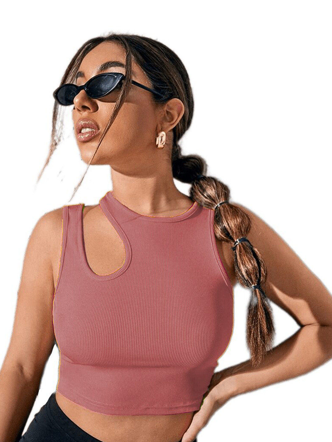 

BAESD Round Neck Sleeveless Cut Out Fitted Crop Top, Pink