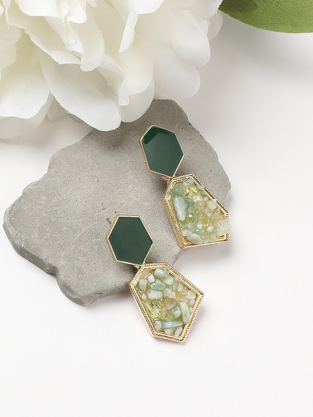 

DressBerry Green Gold Plated Stone-Studded Contemporary Drop Earrings
