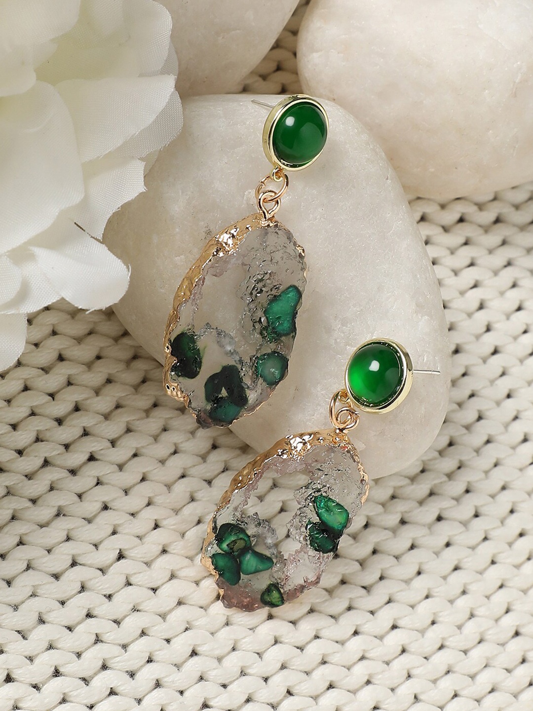 

DressBerry Green Gold Plated Stone Studded Drop Earrings