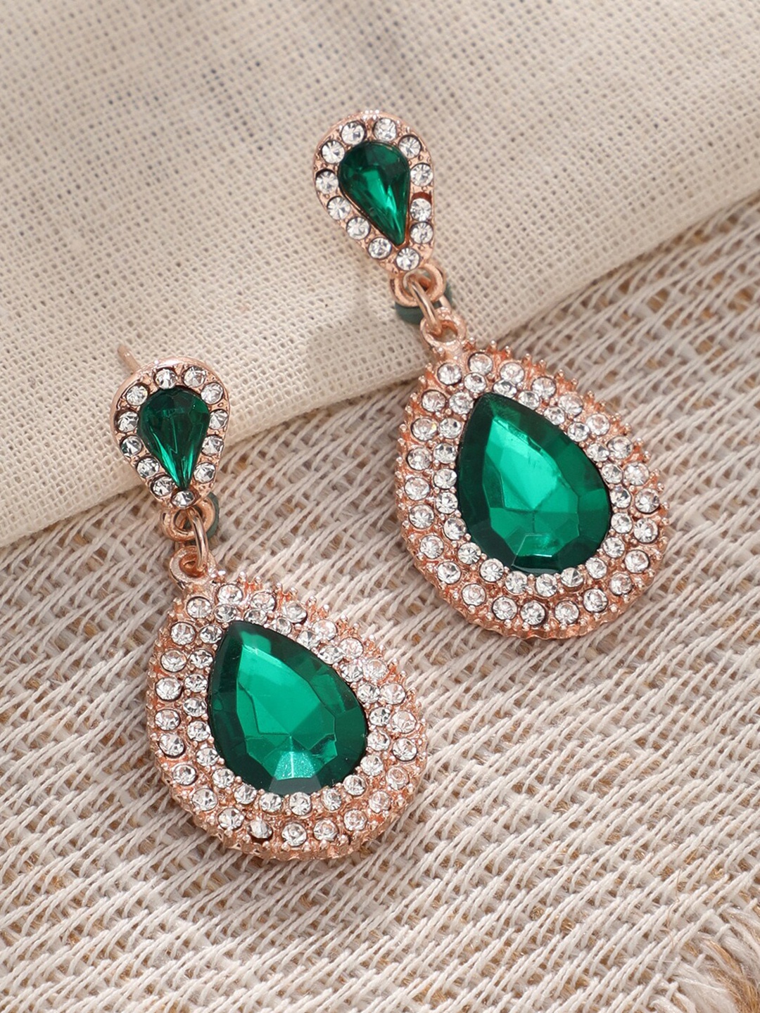 

DressBerry Green Gold Plated Stone Studded Contemporary Drop Earrings