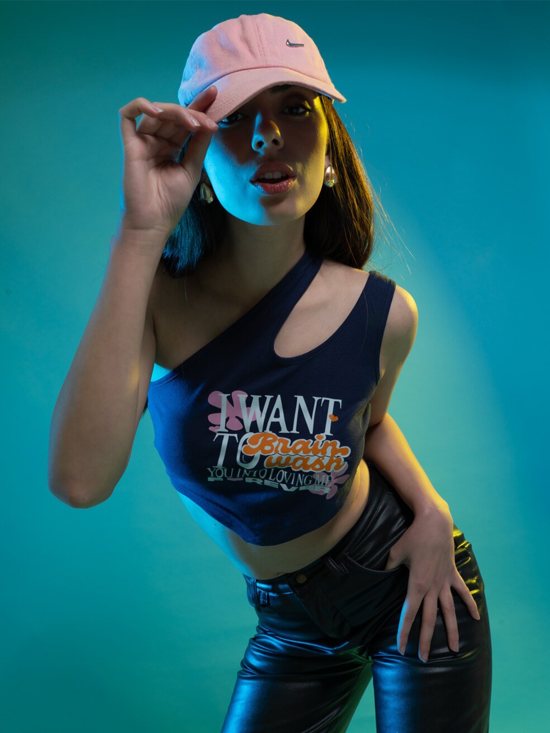 

Stylecast X Hersheinbox Navy Blue Typography Printed One Shoulder Cut Out Crop Top