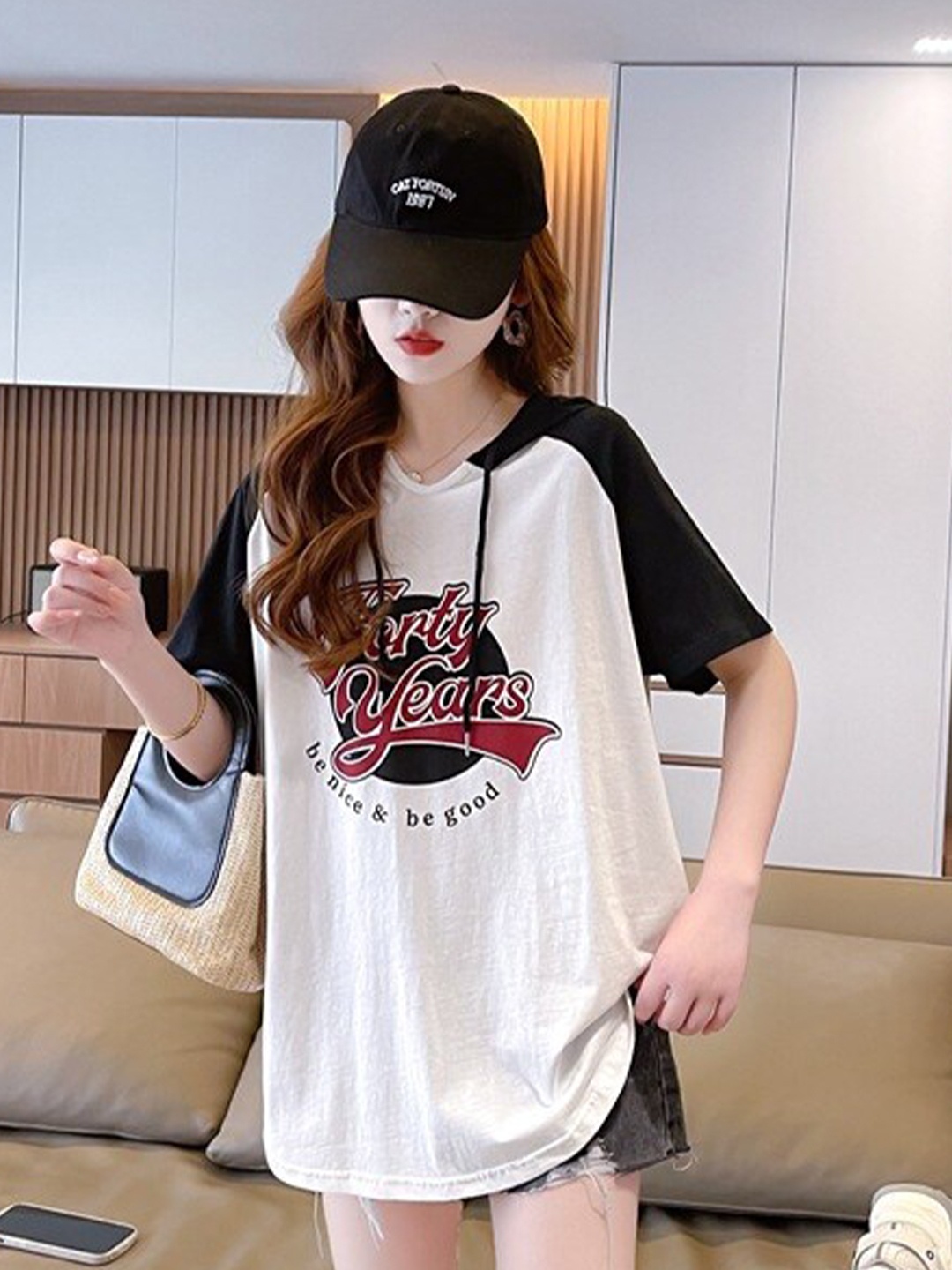 

StyleCast Black Typography Printed Tie Up Neck Cotton Top, White