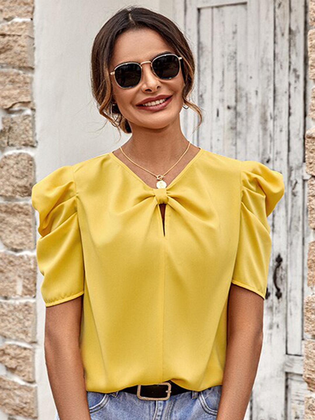 

StyleCast Tie-Up Neck Puff Sleeveless Blouson Top, Yellow