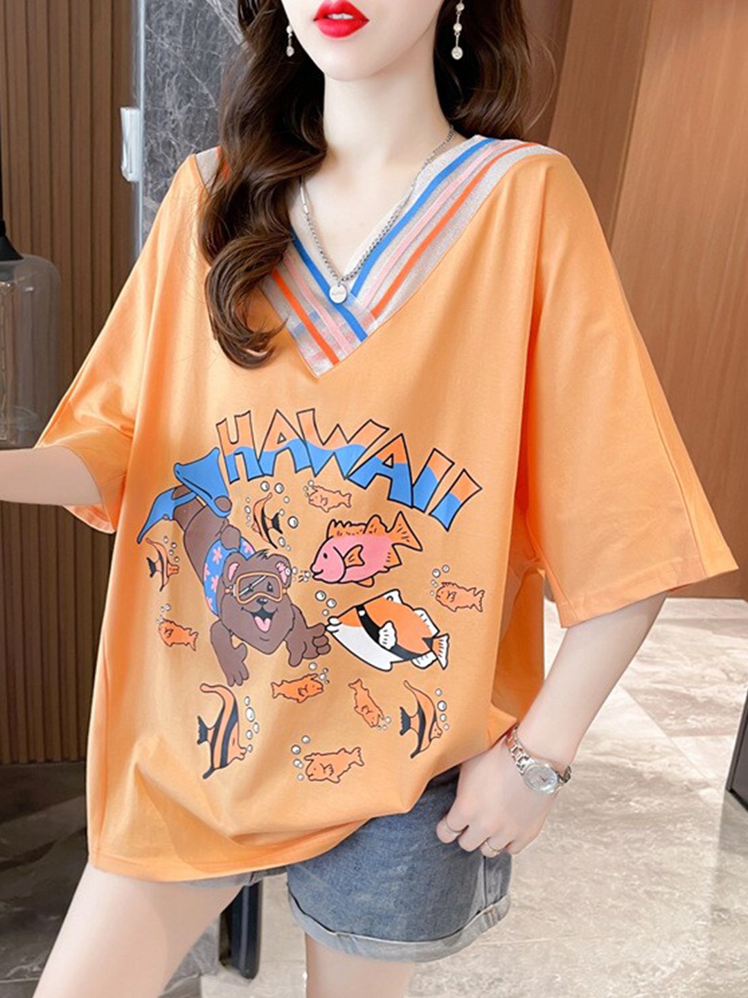 

StyleCast Orange Graphic Printed V-Neck Mini T-shirt Dress