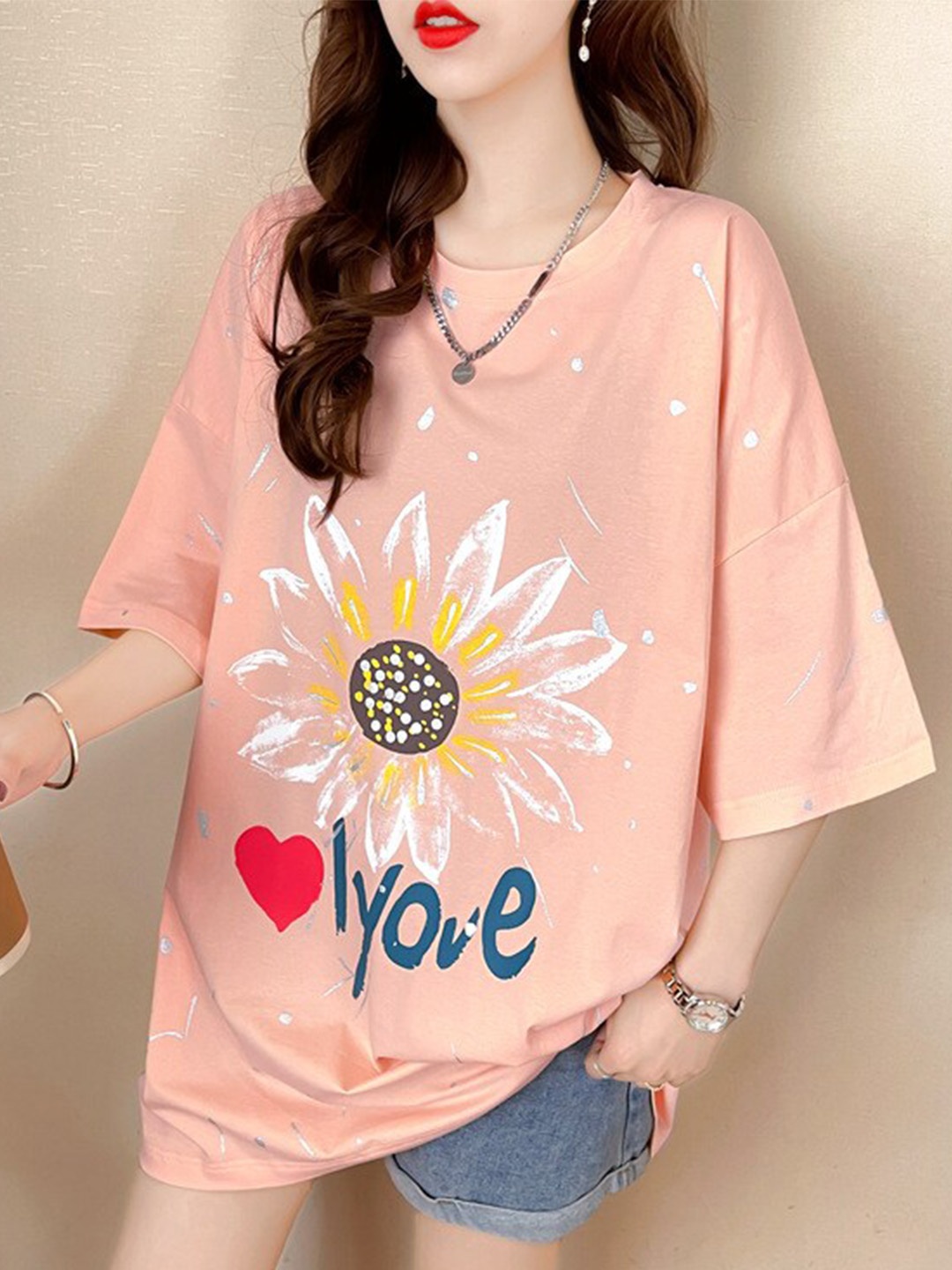 

StyleCast Pink Floral Printed Drop-Shoulder Sleeves Oversized Longline T-shirt