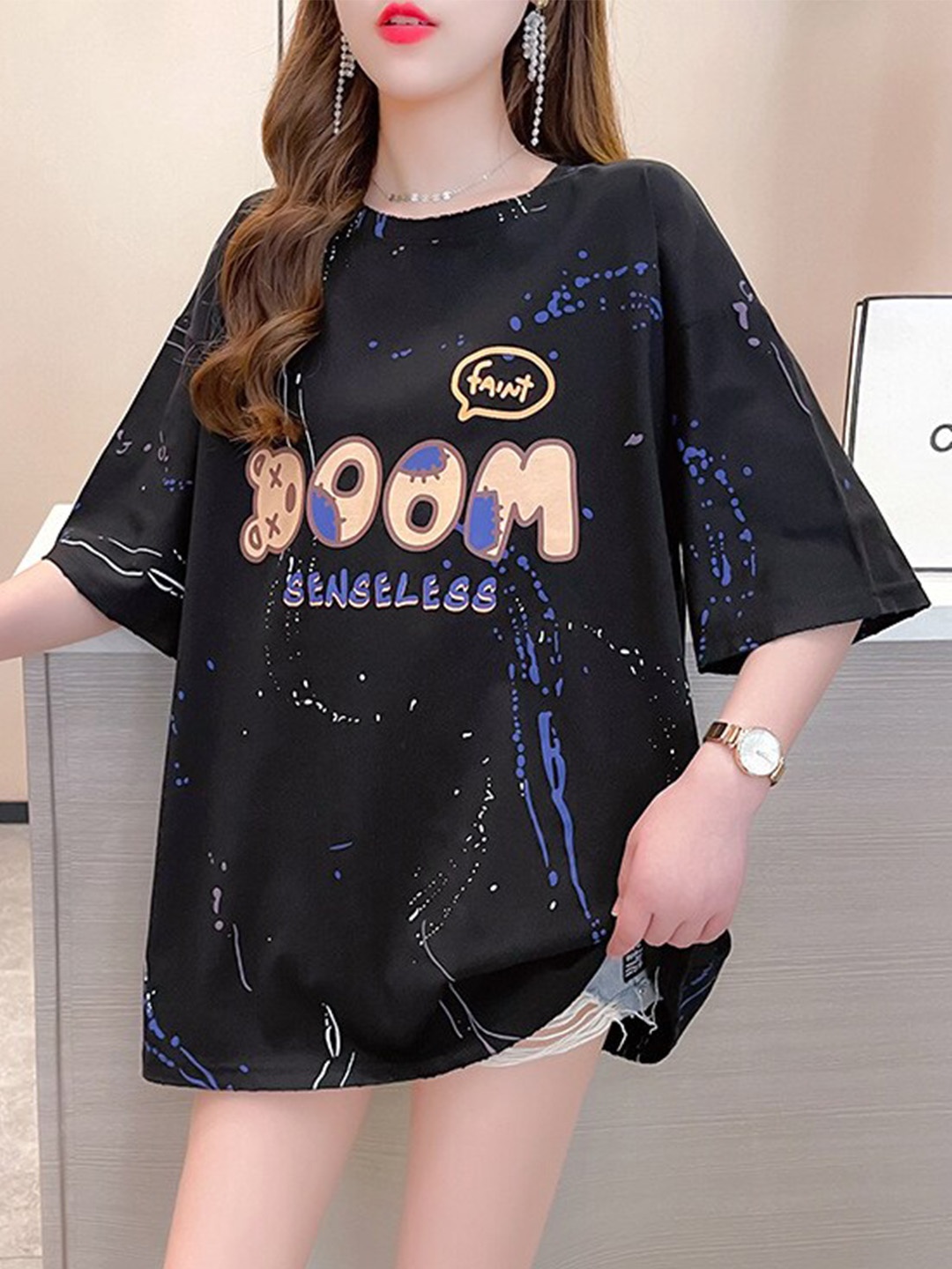 

StyleCast Typography Printed Extended Sleeves Cotton Top, Black