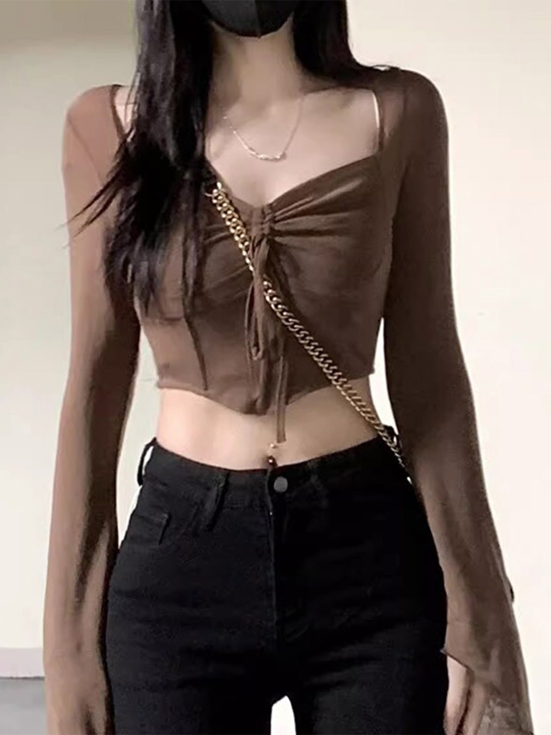 

StyleCast Khaki Tie-Up Neck Gathered Detail Crop Top