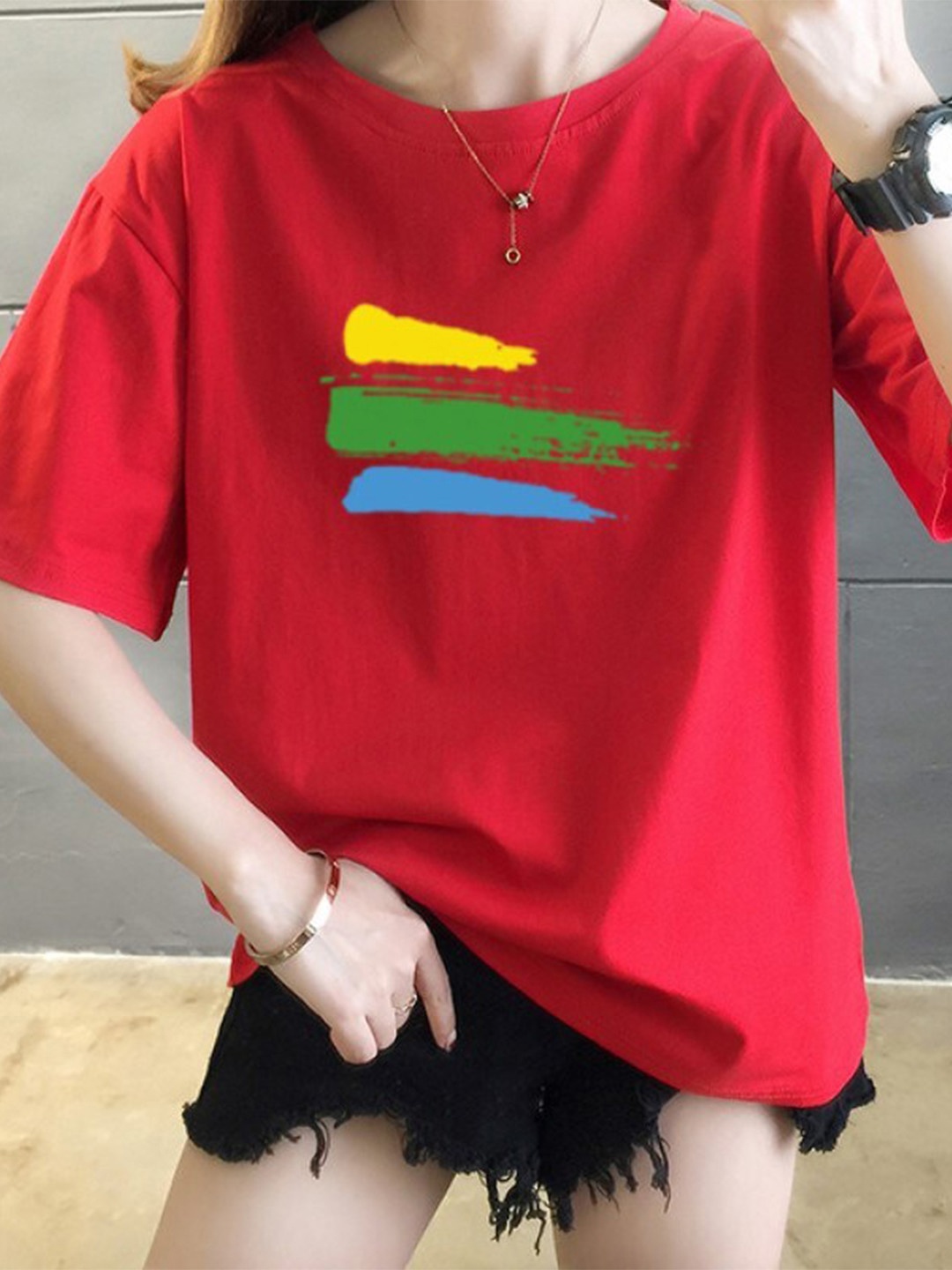

StyleCast Red Round Neck Printed Extended Sleeves Cotton Top