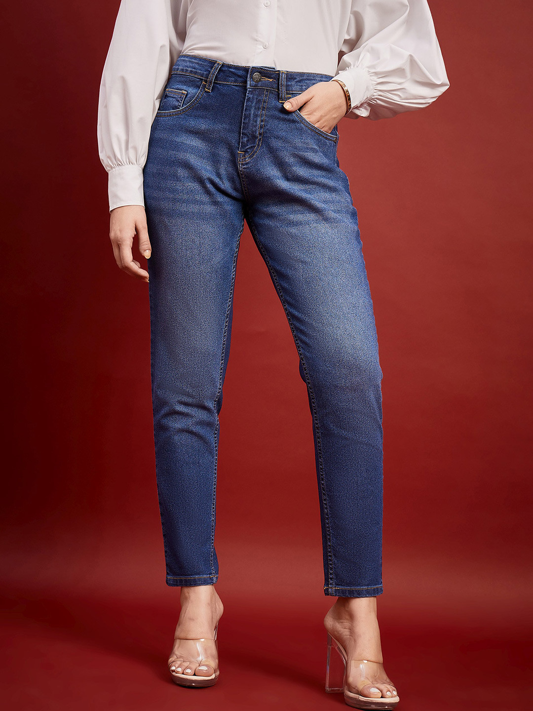 

all about you Women Blue Comfort Mom Fit High-Rise Clean Look Light Fade Stretchable Jeans