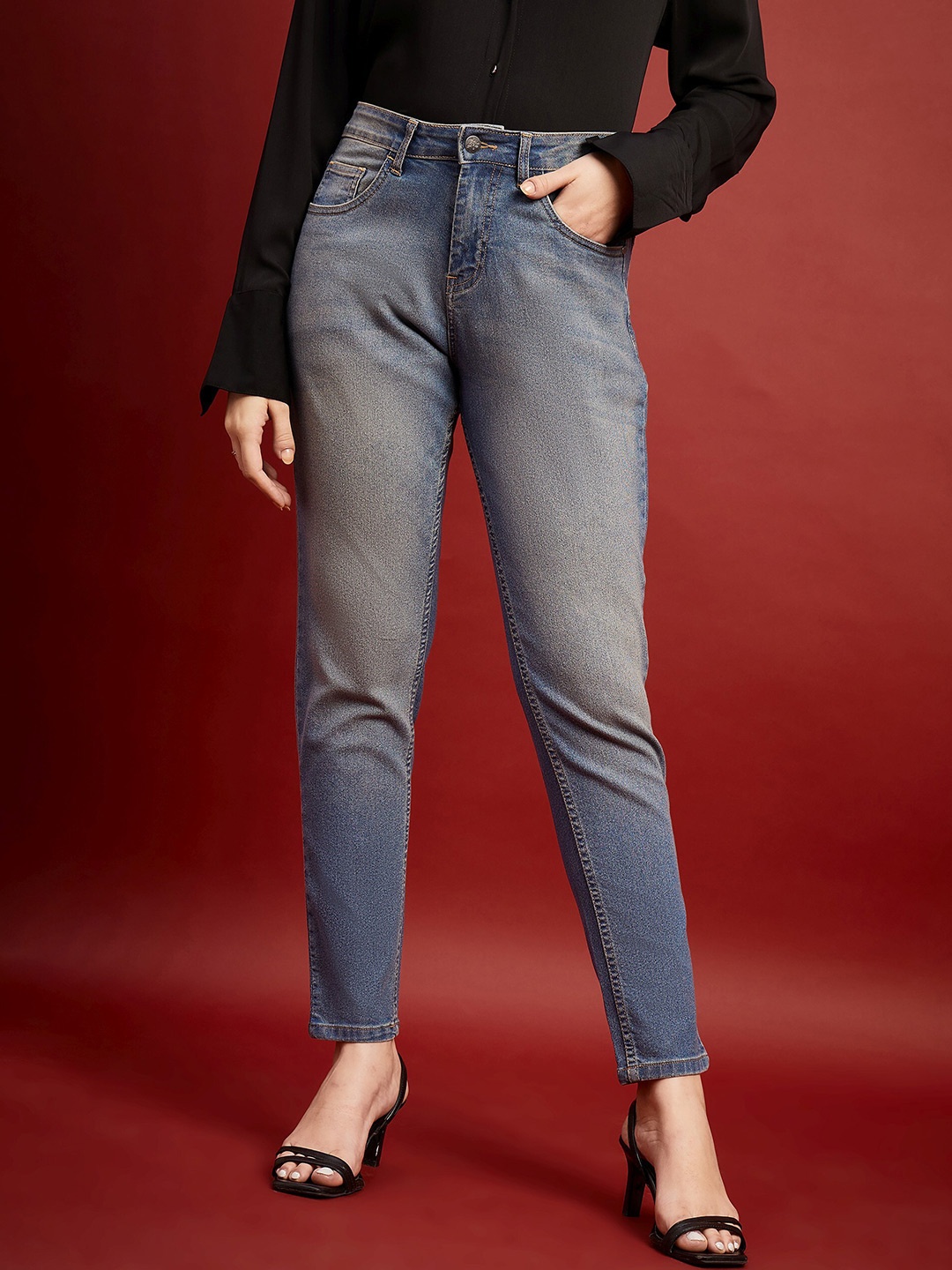 

all about you Women Blue Comfort Mom Fit High-Rise Clean Look Heavy Fade Stretchable Jeans