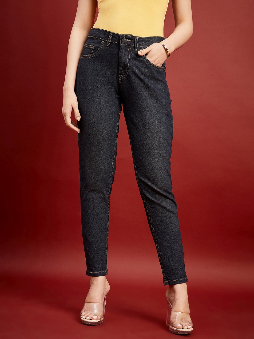 

all about you Women Blue Comfort Mom Fit High-Rise Clean Look Light Fade Stretchable Jeans