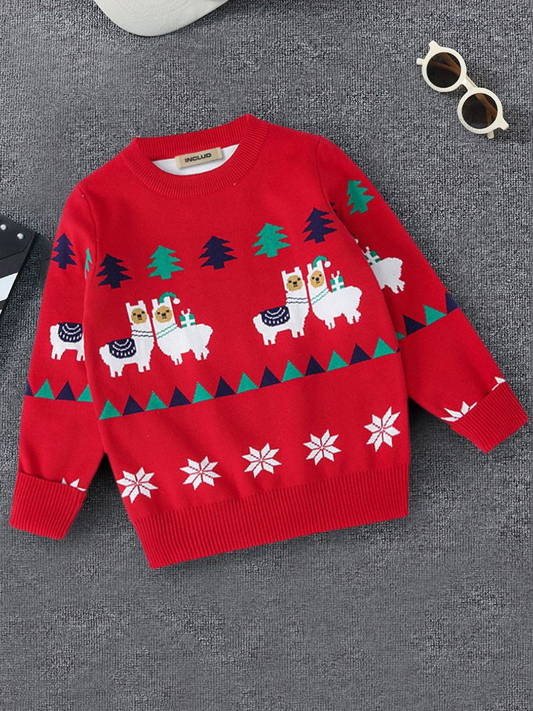 

INCLUD Boys Graphic Printed Christmas Themed Pullover, Red