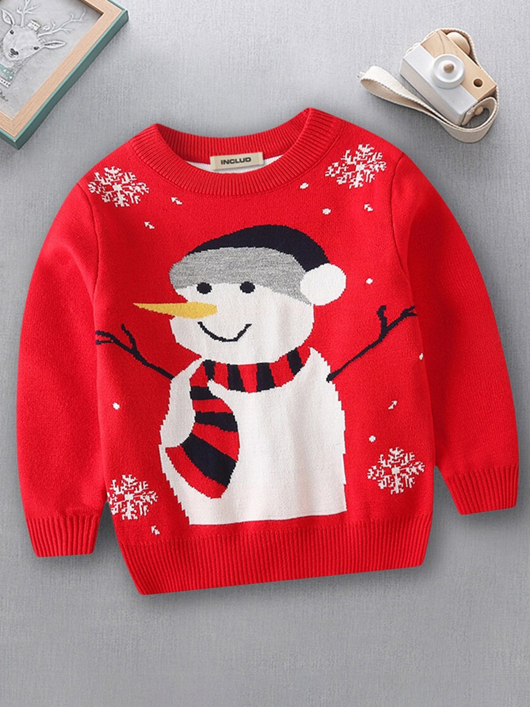 

INCLUD Boys Snowman Printed Jacquard Pullover, Red