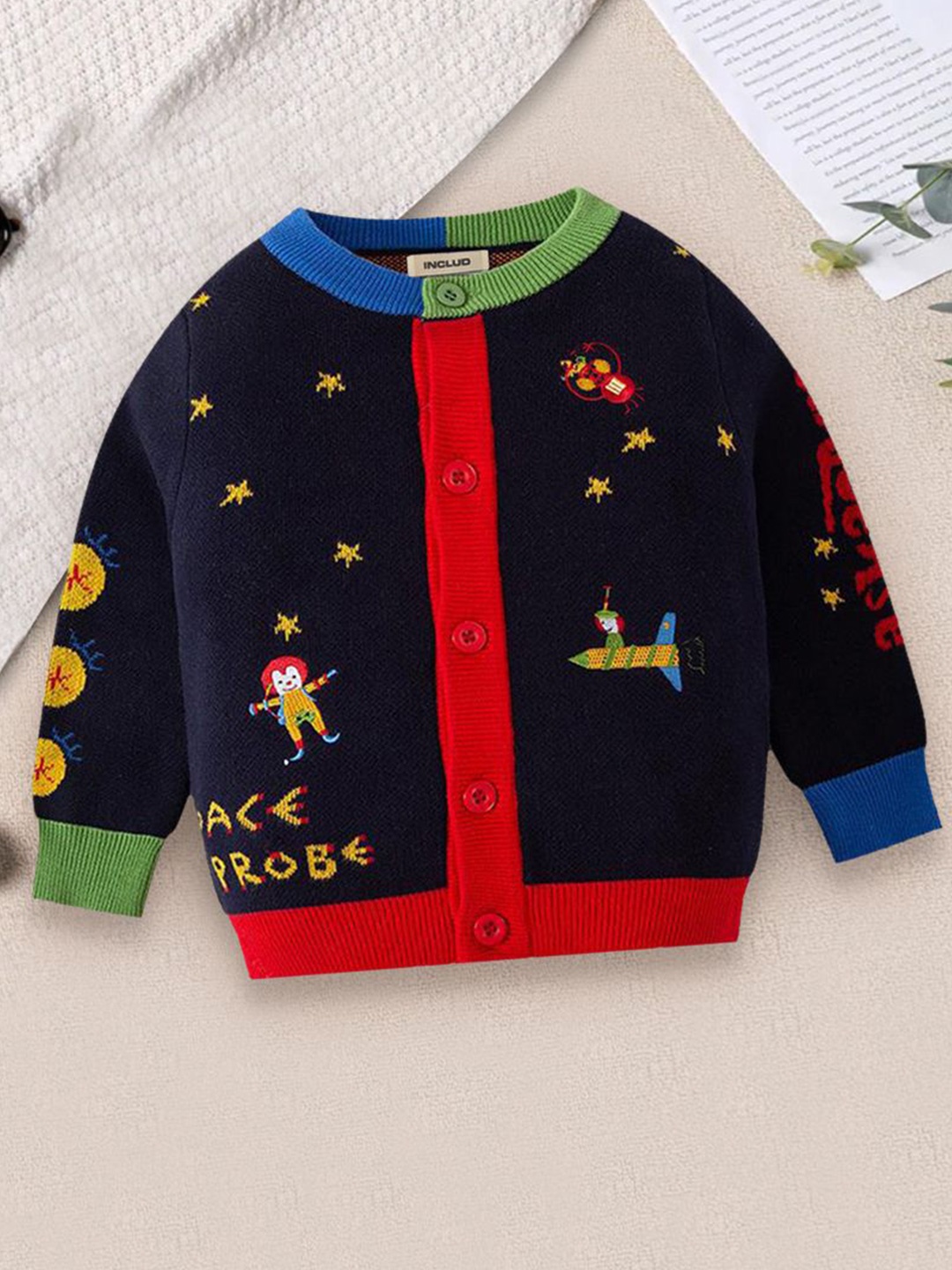 

INCLUD Boys Graphic Printed Cardigan, Navy blue