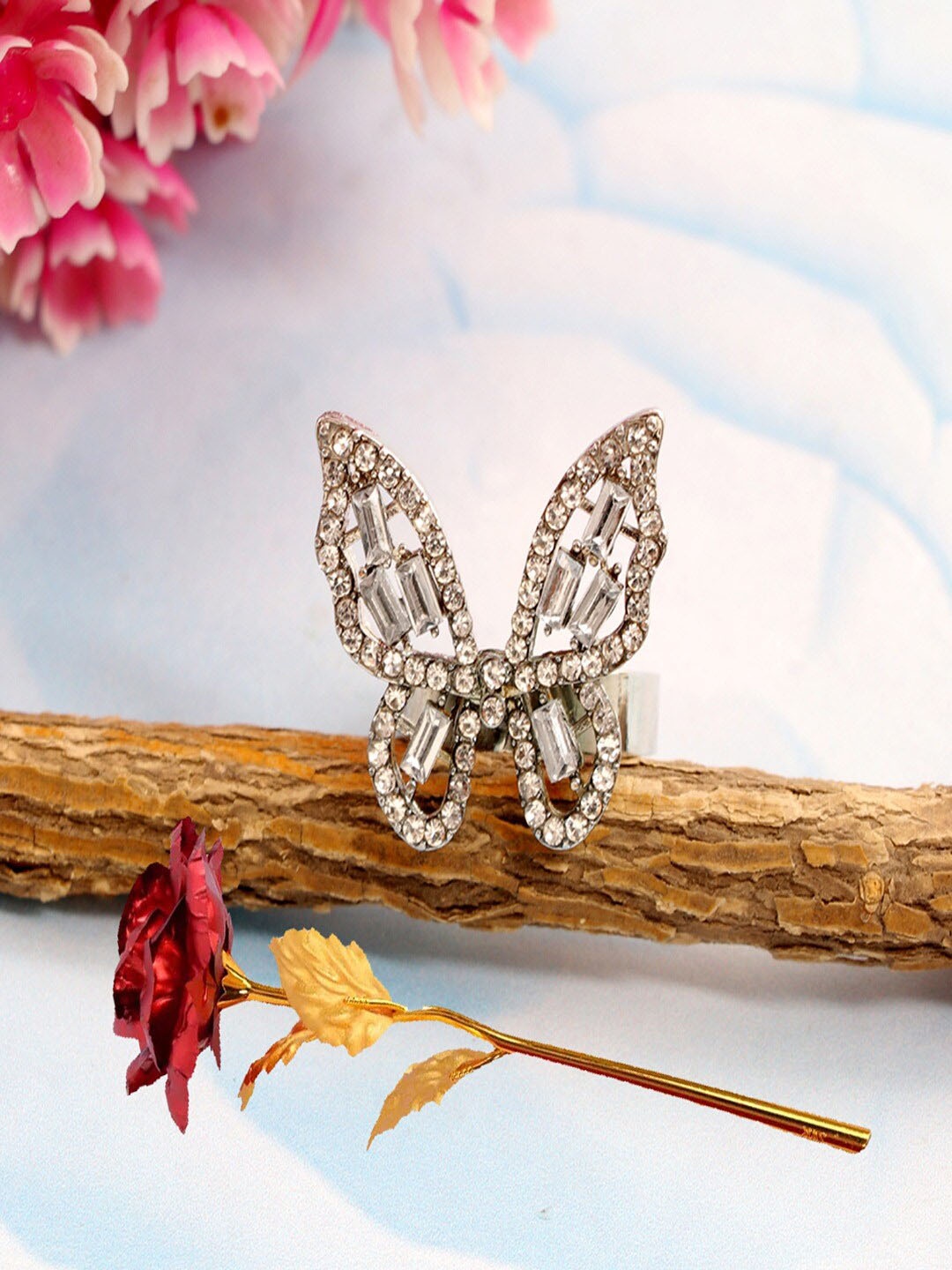 

UNIVERSITY TRENDZ Rhodium-Plated CZ-Studded Finger Ring, Silver