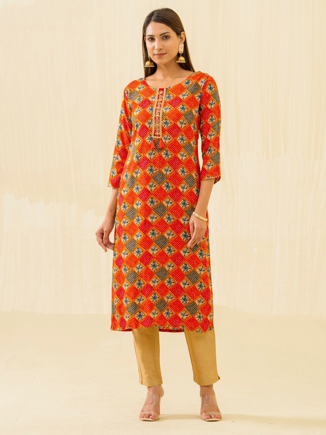 Ishin Geometric Printed Gotta Patti Straight Kurta, Orange