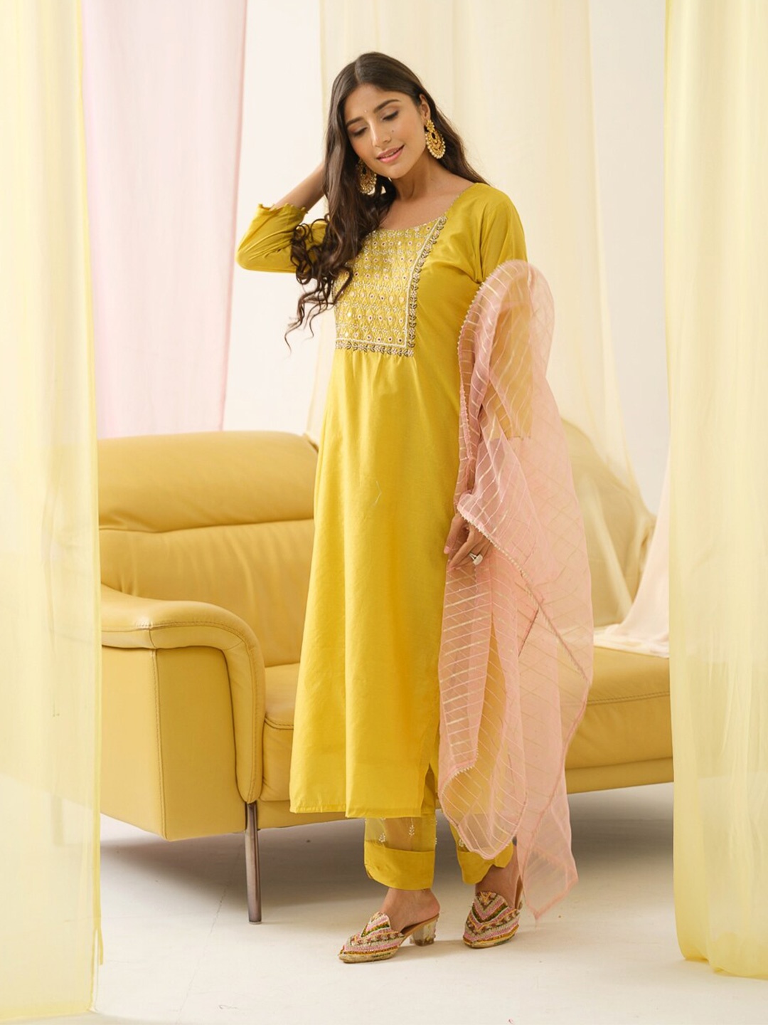 

Ishin Ethnic Motifs Yoke Design Mirror Work Chanderi Cotton Kurta with Trousers & Dupatta, Yellow