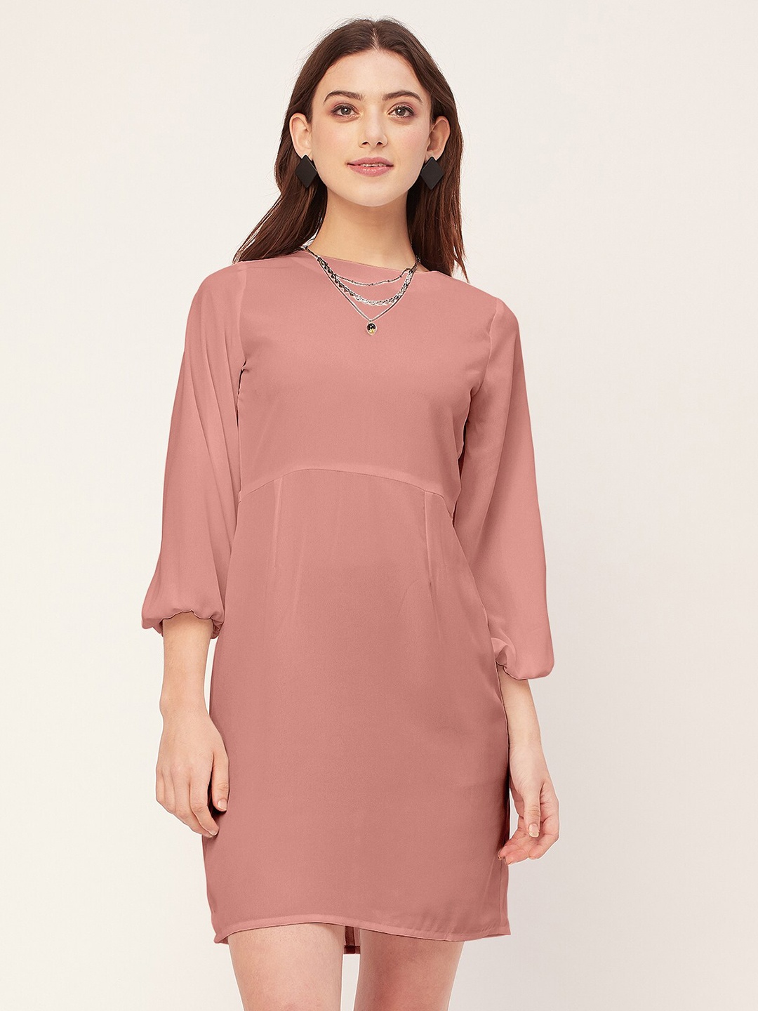 

Moomaya Round Neck Puff Sleeves A-Line Dress, Peach