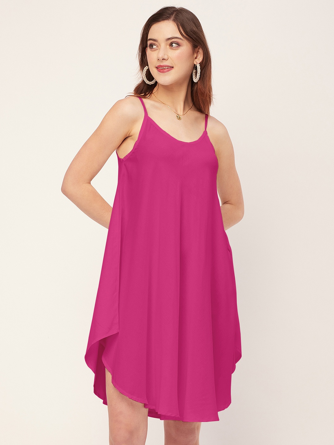 

Moomaya Shoulder Straps Asymmetric Hem A-Line Dress, Pink