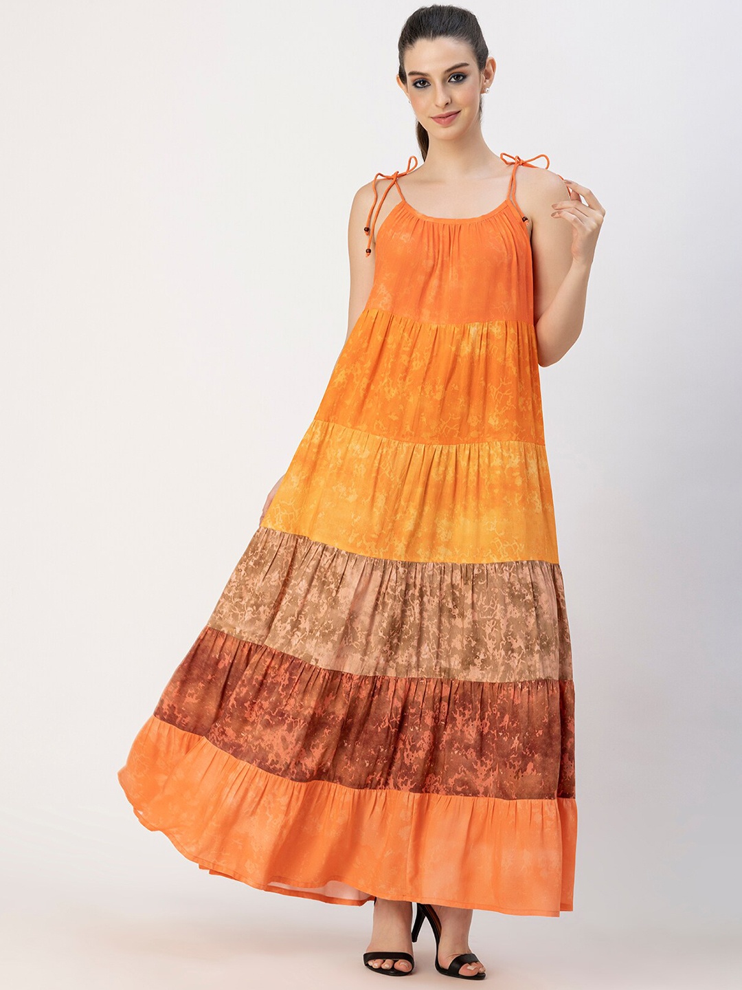 

Moomaya Colourblocked Shoulder Straps Gathered Tiered Maxi Dress, Orange