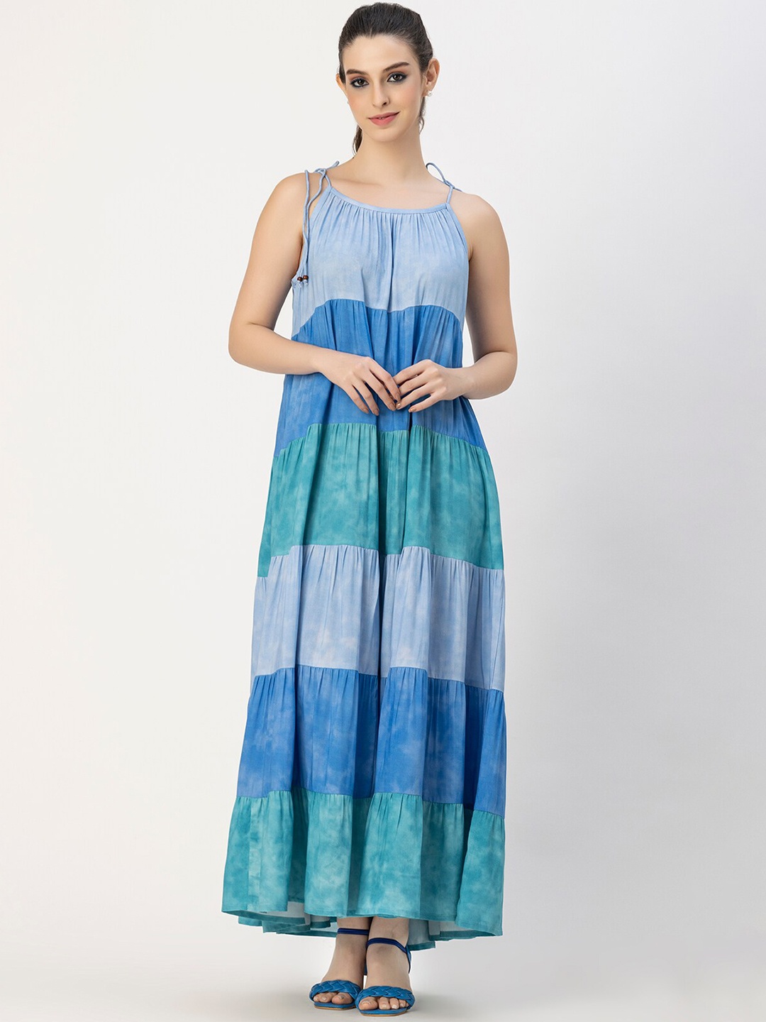 

Moomaya Colourblocked Shoulder Straps Gathered Tiered Maxi Dress, Blue