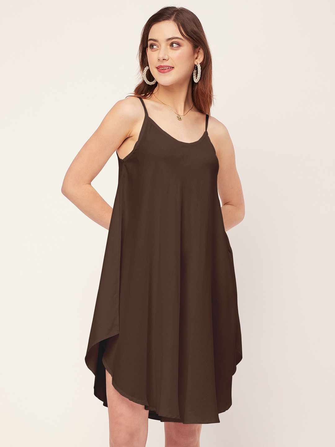 

Moomaya Shoulder Straps Asymmetric Hem A-Line Dress, Brown