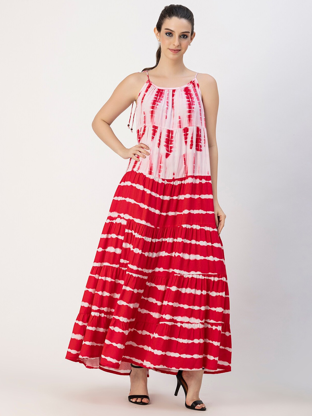 

Moomaya Tie and Dye Printed Shoulder Straps Gathered Tiered Maxi Dress, Pink