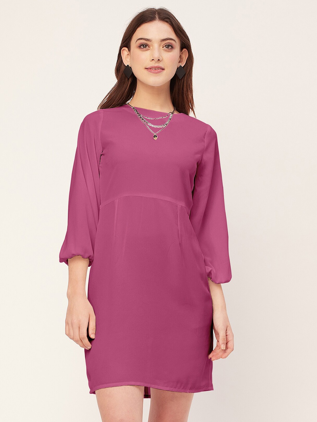 

Moomaya Round Neck Puff Sleeves A-Line Dress, Pink