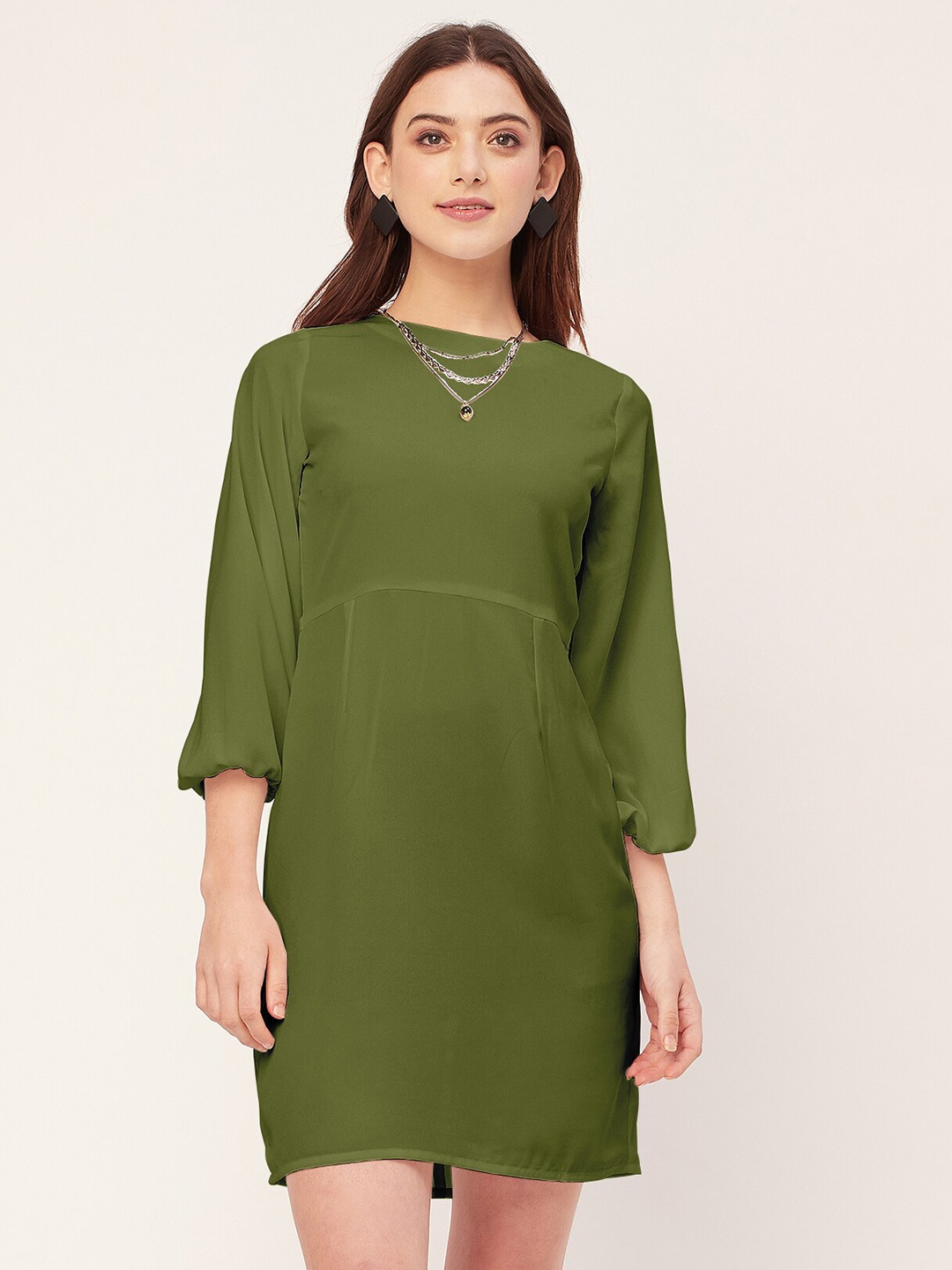 

Moomaya Round Neck Puff Sleeves A-Line Dress, Olive